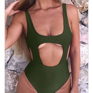 Solid Cutout Open Back One Piece Swimsuit green